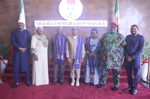 Comptroller-General of Immigrations, (CGI) Kemi Nana Nandap, (middle), flanked from left by: Nuhu Adam; Moji Oshikoya; Wale Fasakin; Bolanle Olatunde; Tunde Olusunle and John Ondoma Freeman, at a courtesy call by alumni of the University of Ilorin, on CGI Nandap, recently.