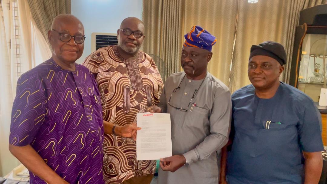The Management and Editorial Board of Vanguard Newspapers, has nominated the iconic journalist, editor and administrator, Onyema Ugochukwu, FNGE, CON, for investiture with the “Lifetime Award” for his contributions to the media profession. The formal conferment is scheduled for Friday April 11, 2025, in Lagos. From left: Chief Ugochukwu; Adjunct Professor of Creative Writing, Tunde Olusunle; Representative of the Management and Editorial Team of the Vanguard, Adekunle Adekoya, and Northern Regional Editor of the Vanguard, Soni Daniel. The Management and Editorial Board of Vanguard Newspapers, has nominated the iconic journalist, editor and administrator, Onyema Ugochukwu, FNGE, CON, for investiture with the “Lifetime Award” for his contributions to the media profession. The formal conferment is scheduled for Friday April 11, 2025, in Lagos. From left: Chief Ugochukwu; Adjunct Professor of Creative Writing, Tunde Olusunle; Representative of the Management and Editorial Team of the Vanguard, Adekunle Adekoya, and Northern Regional Editor of the Vanguard, Soni Daniel.